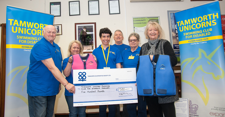 Tamworth Co-op shoppers donate their ‘divi’ cash to help swimming club for the disabled
